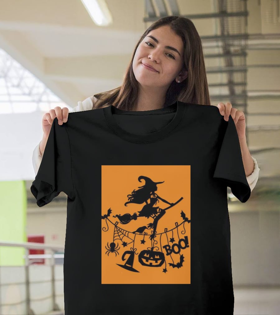 Witch On A Broom Halloween Boo Pumpkin Spider Bat Garland T-Shirt