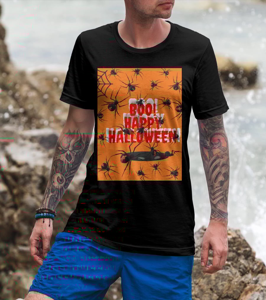 BOO Happy Halloween Spiders Orange Web T-Shirt