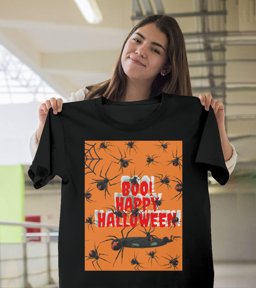 BOO Happy Halloween Spiders Orange Web T-Shirt