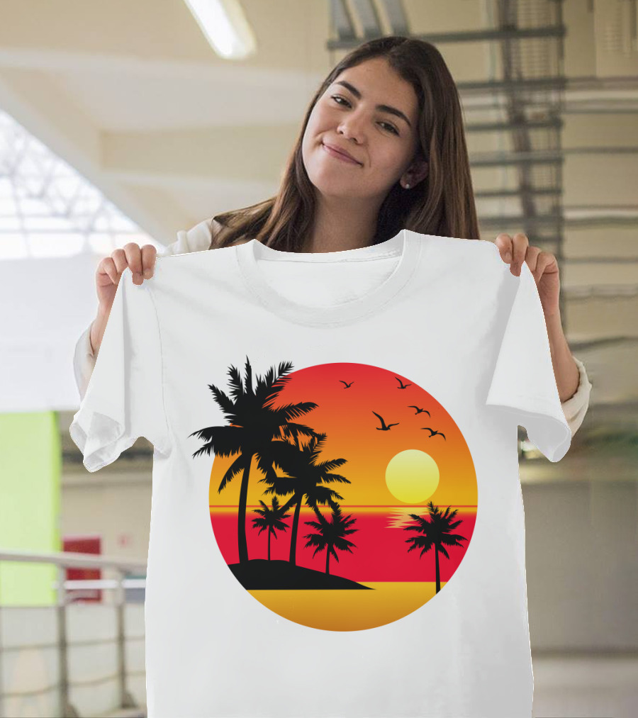 Sunset Summer Tropical Palm Island with Birds and Sunset Sky T-Shirt