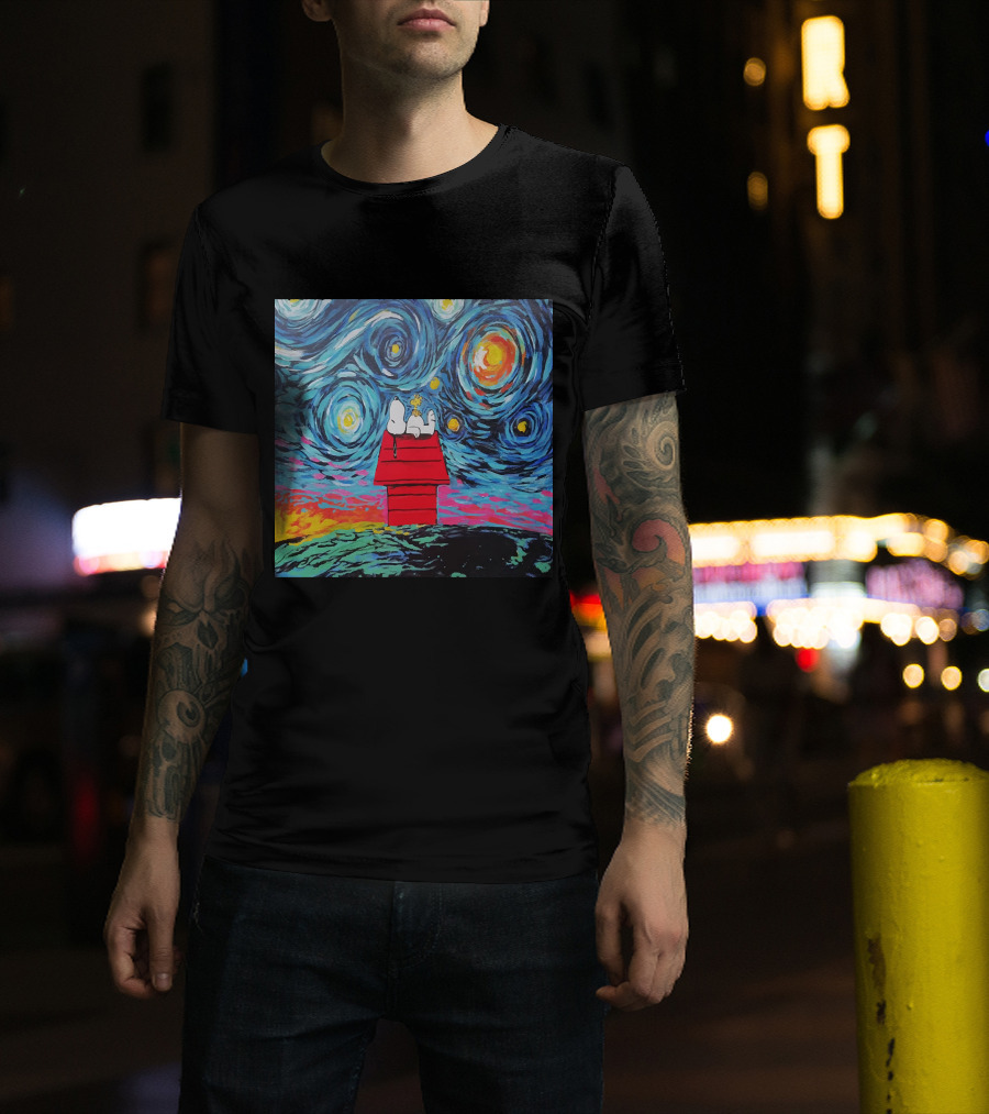Snoopy And Woodstock On The Doghouse Under A Starry Night T-Shirt