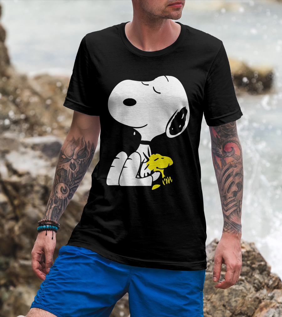 Snoopy Sleep In Peace With Woodstock Sleeping In Black And White Peanuts Comic T-Shirt