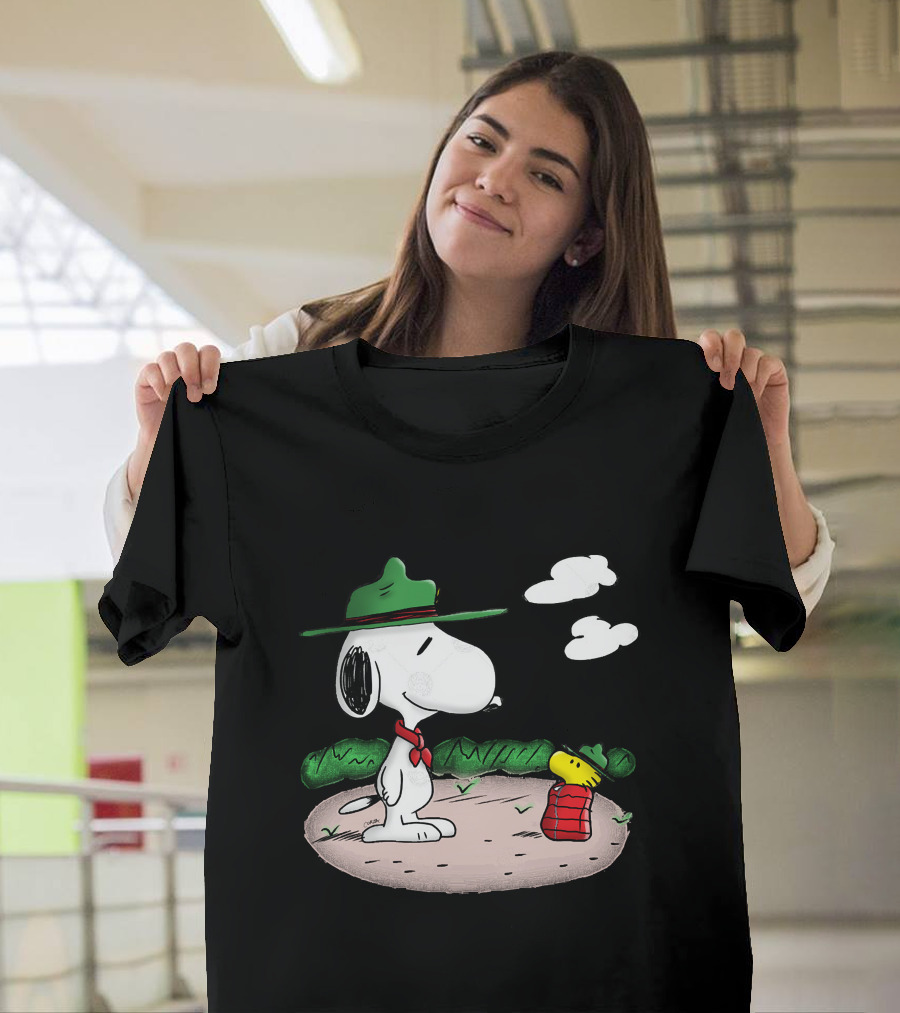 Snoopy Woodstock Camping Adventure with Green Hats and Red Scarf T-Shirt