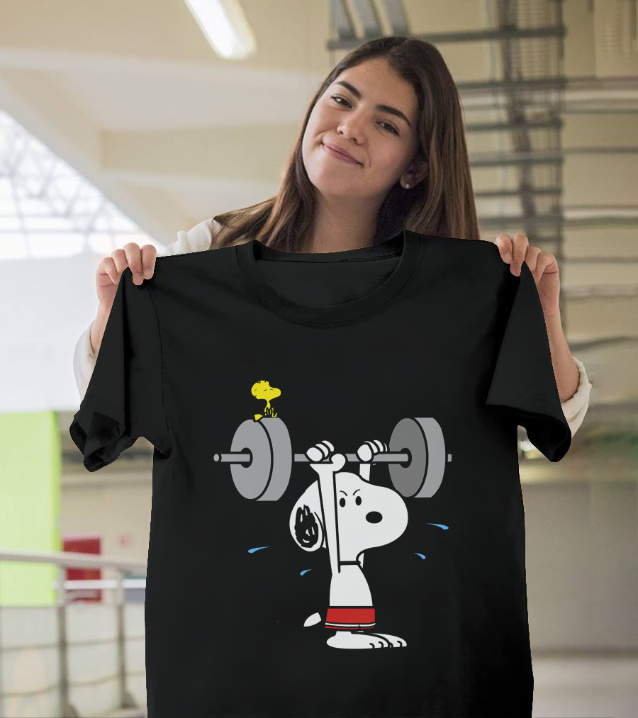 Snoopy Weightlifting With Woodstock On Barbell T-Shirt