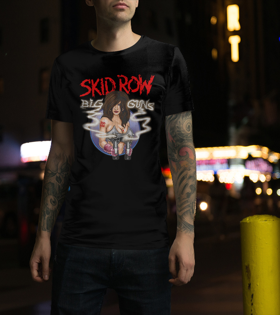 Skid Row Big Guns Heavy Metal Fan Art With Smoking Pistols Motif T-Shirt