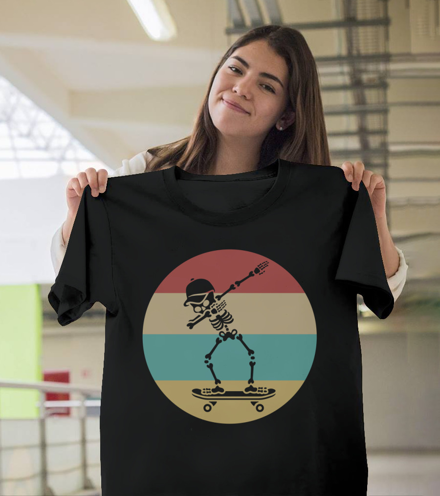 Dabbing Skeleton Skateboarder Retro Stripes Vintage Sunset T-Shirt