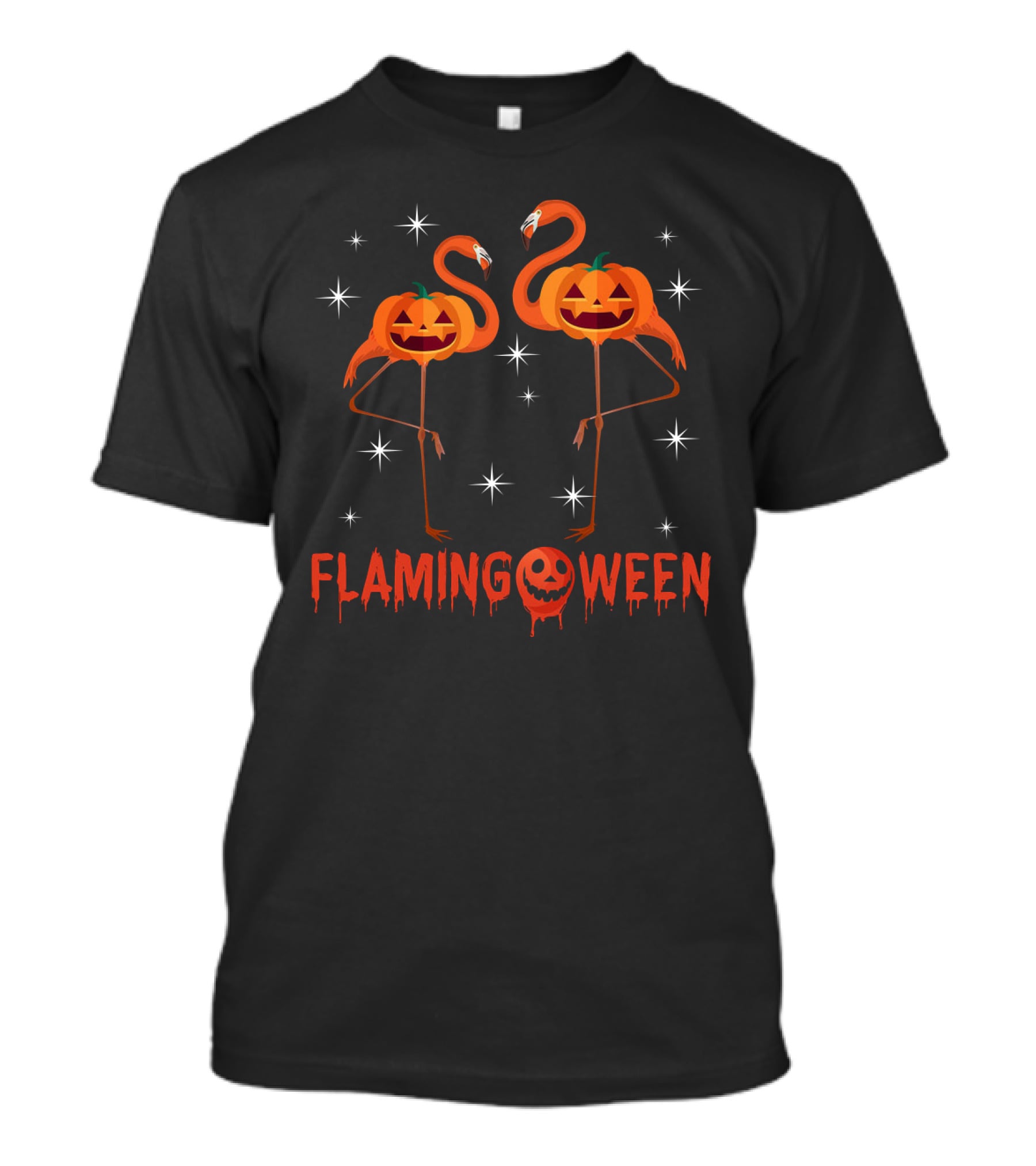 Flamingoween Funny Flamingos With Pumpkin Heads And Stars T-Shirt