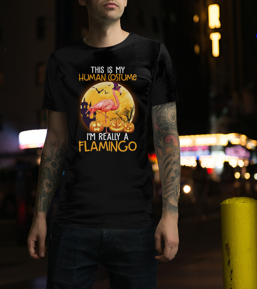 This Is My Human Costume I'm Really A Flamingo Halloween Witch With Pumpkins And Bats T-Shirt