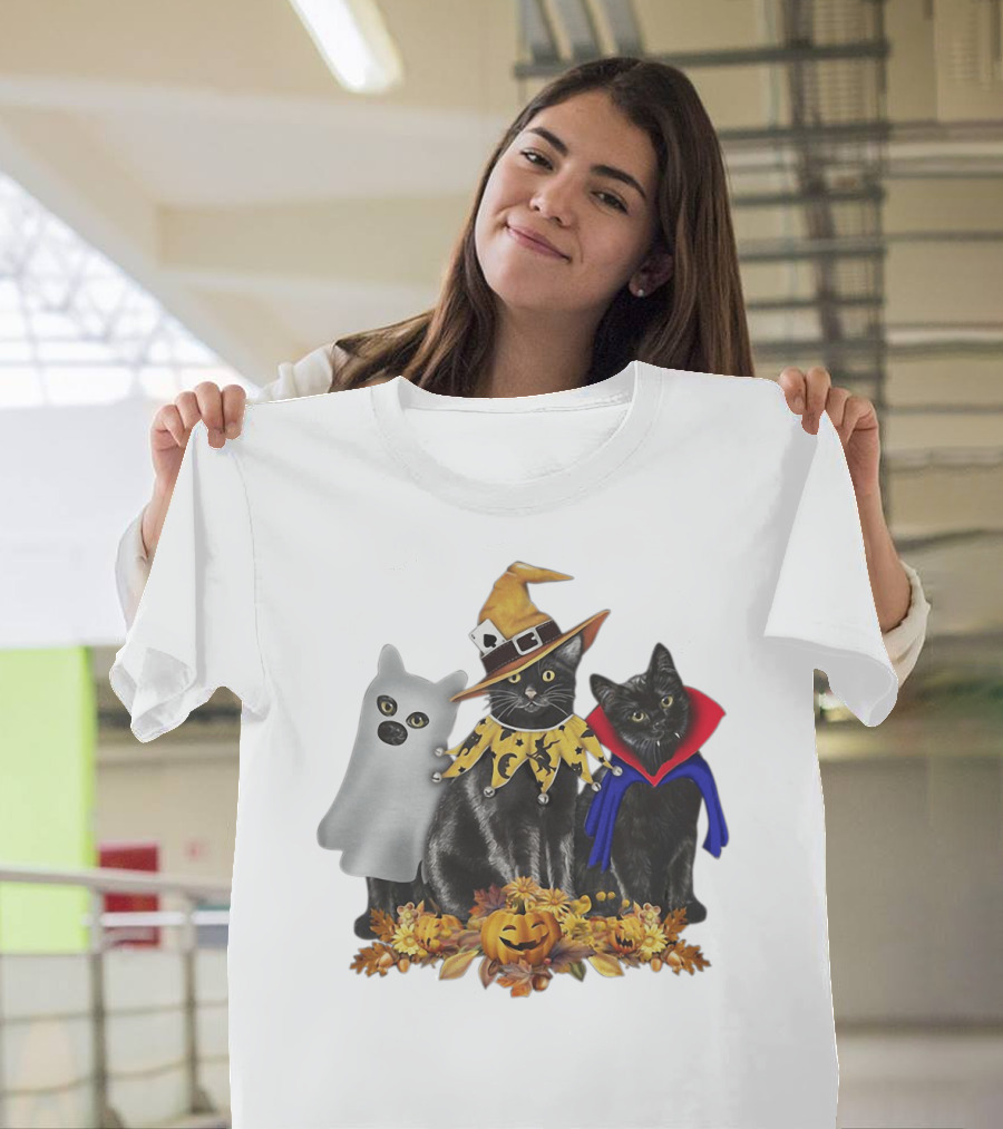 Black Cat Witch Boo Vampire Halloween With Pumpkins And Ghost Costume T-Shirt