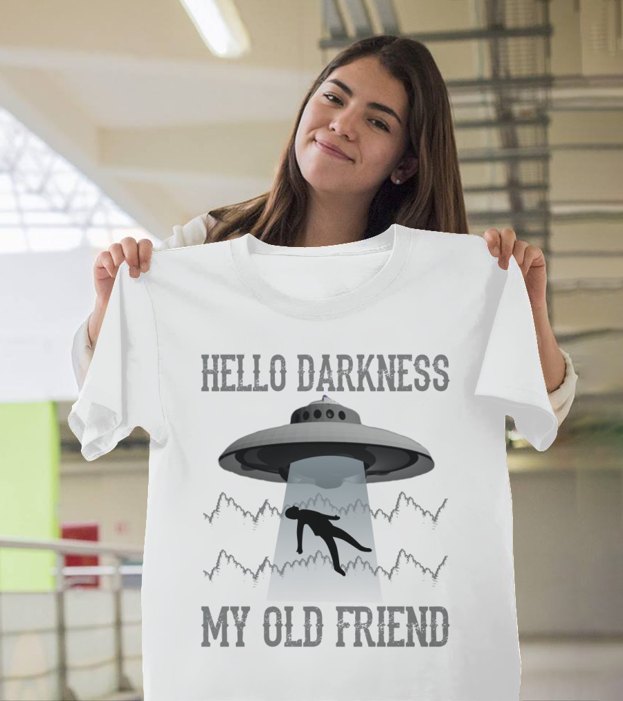 Hello Darkness My Old Friend UFO Abduction Silhouette In Forest Scene T-Shirt