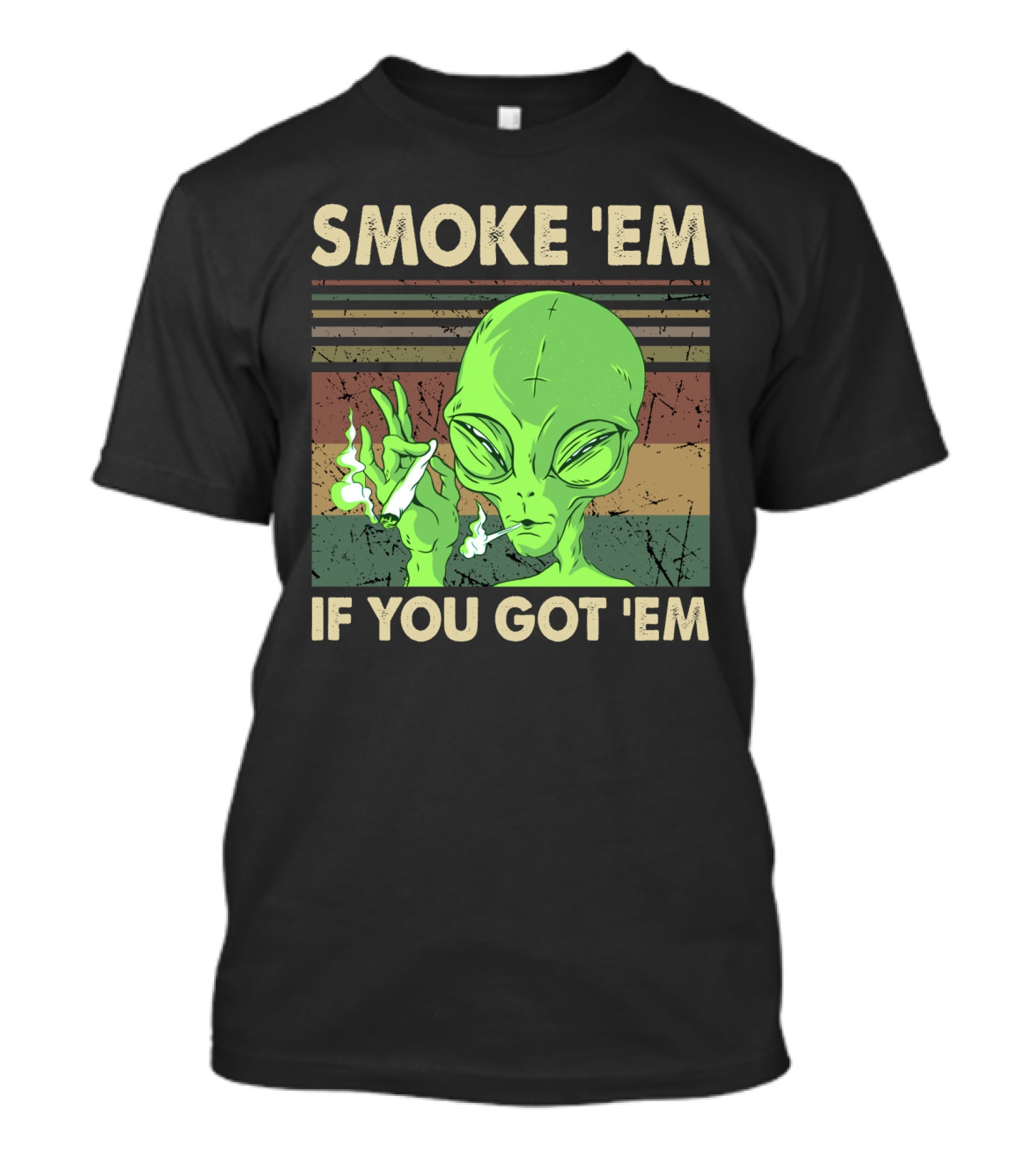 Smoke 'Em If You Got 'Em Green Alien Smoking With Retro Stripes T-Shirt