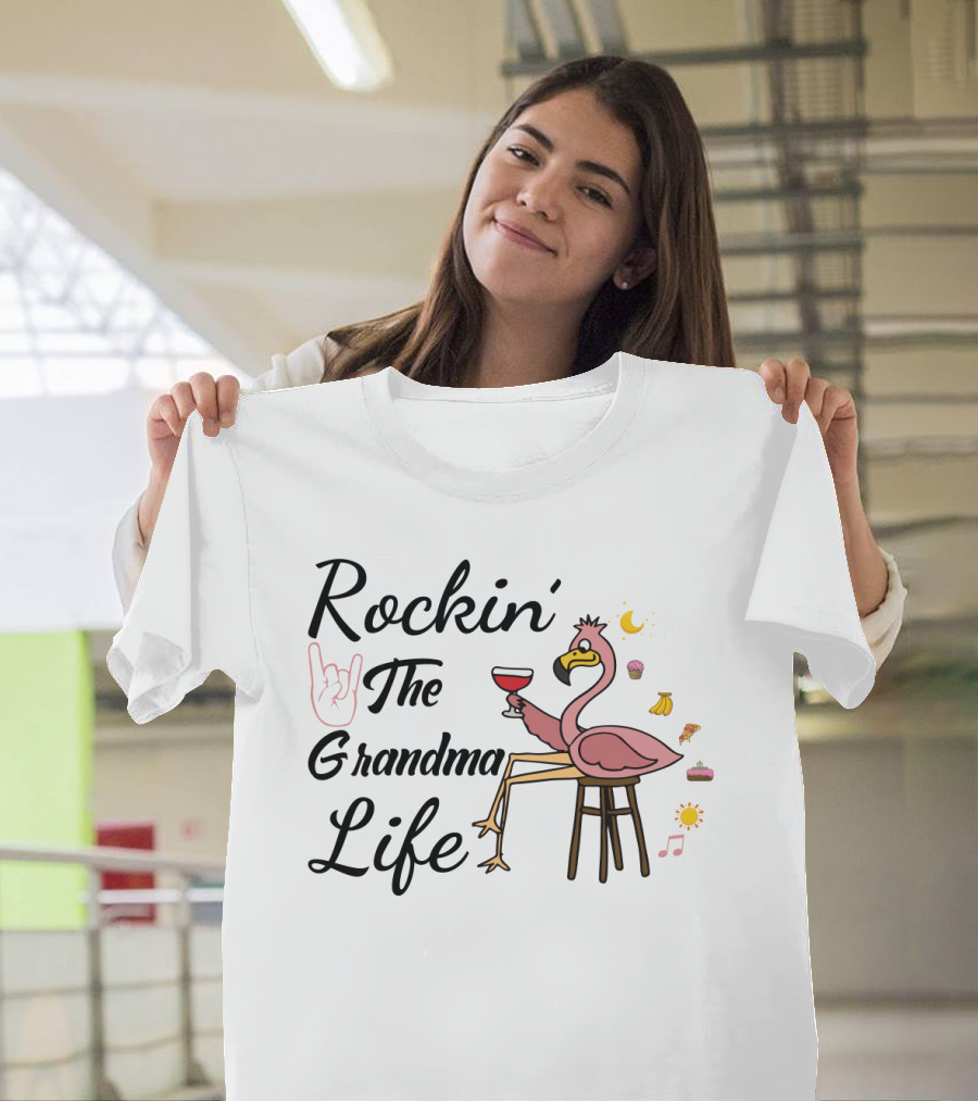 Rockin' The Grandma Life Wine Glass Flamingo with Musical Notes and Cupcakes T-Shirt