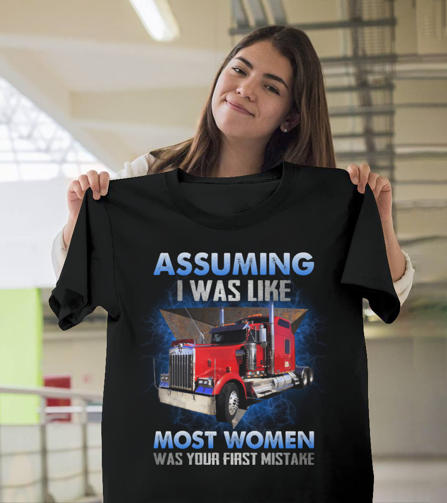 Bold Female Trucker Empowerment with Powerful Red Truck Imagery and Defiant Message T-Shirt