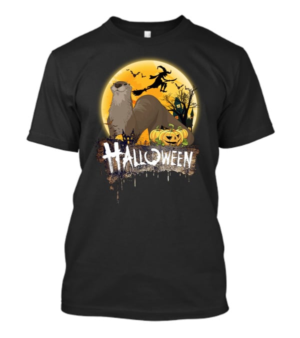 Otter Lovers Halloween With Pumpkins And Flying Witch Silhouette Scene T-Shirt
