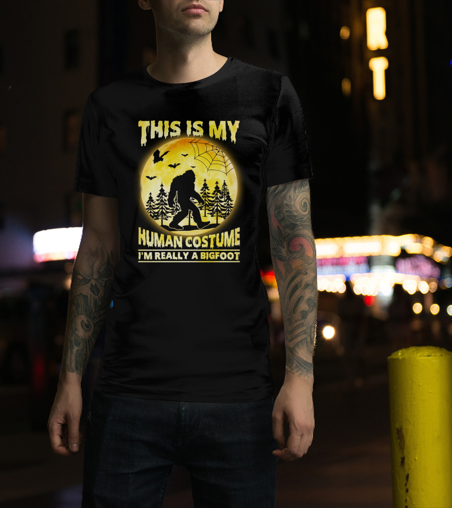 Bigfoot Silhouette In Moonlit Forest With Web And Bats - This Is My Human Costume I'm Really A Bigfoot T-Shirt