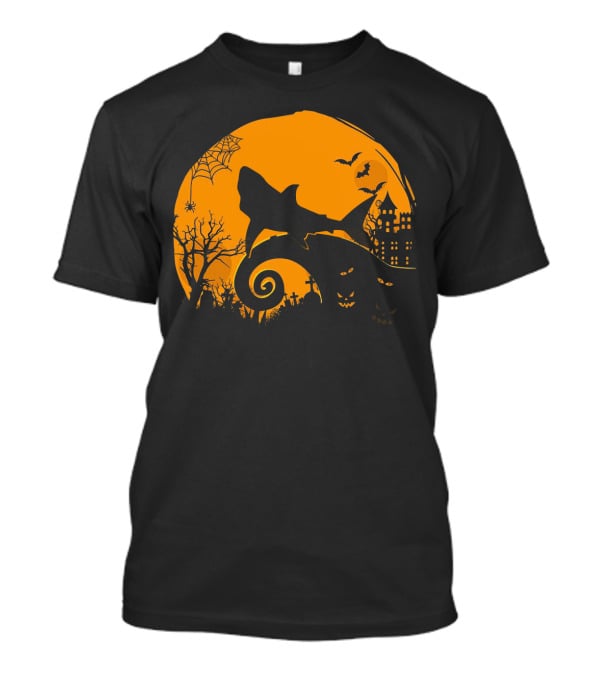 Halloween Shark King Parody In Spooky Nightmarish Setting With Haunted Graveyard Silhouette And Moonlit Spider Web T-Shirt