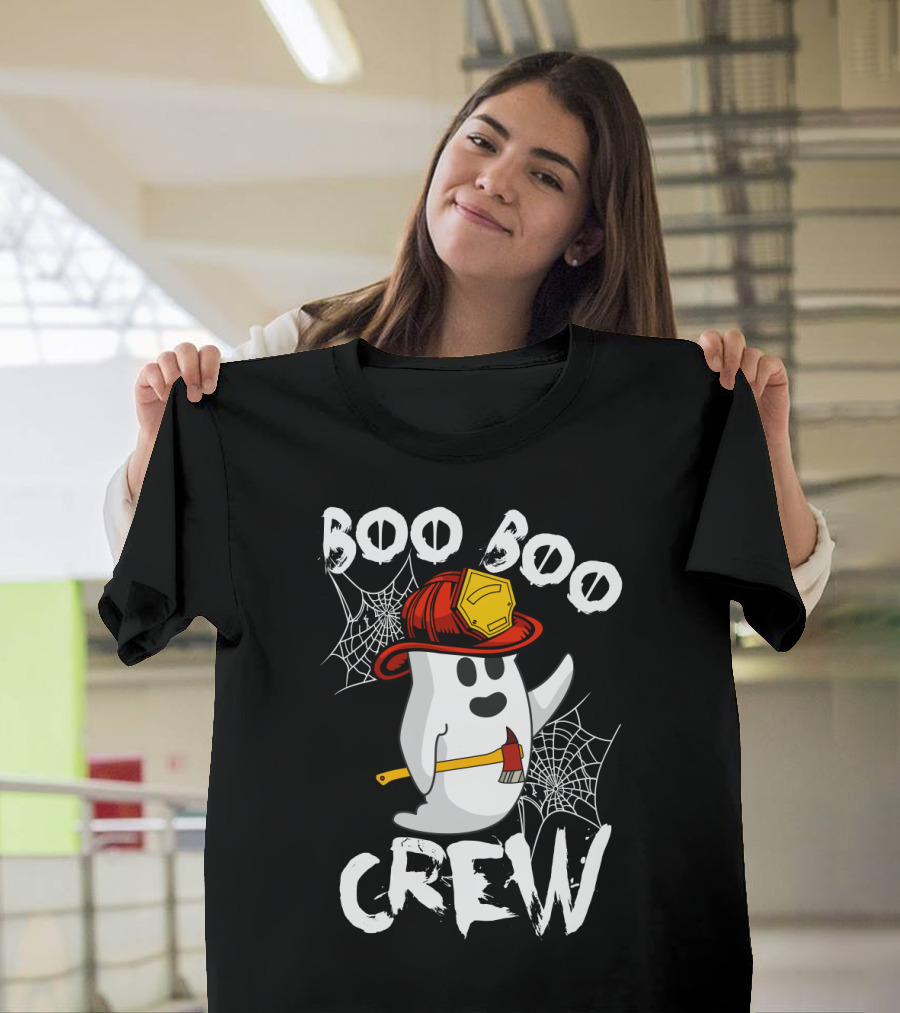 Boo Boo Crew Ghost with Firefighter Helmet and Axe Halloween T-Shirt