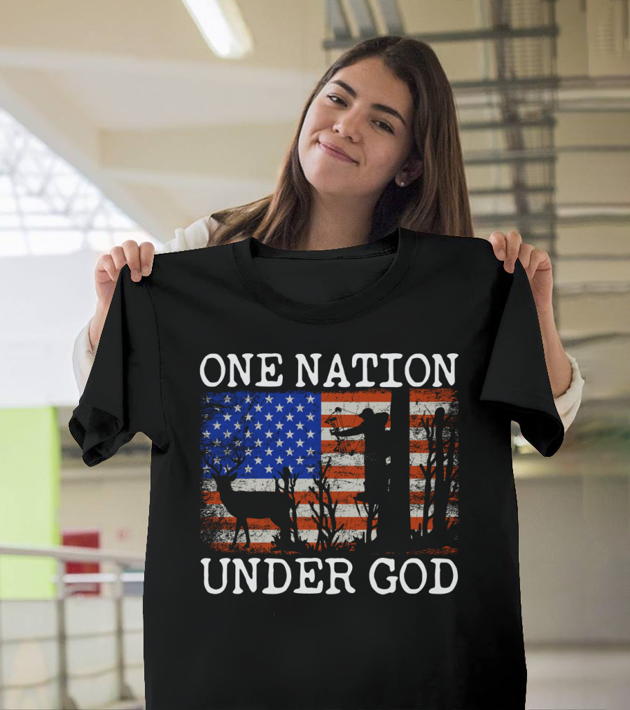 One Nation Under God American Flag Deer Hunting Bow Hunter T-Shirt