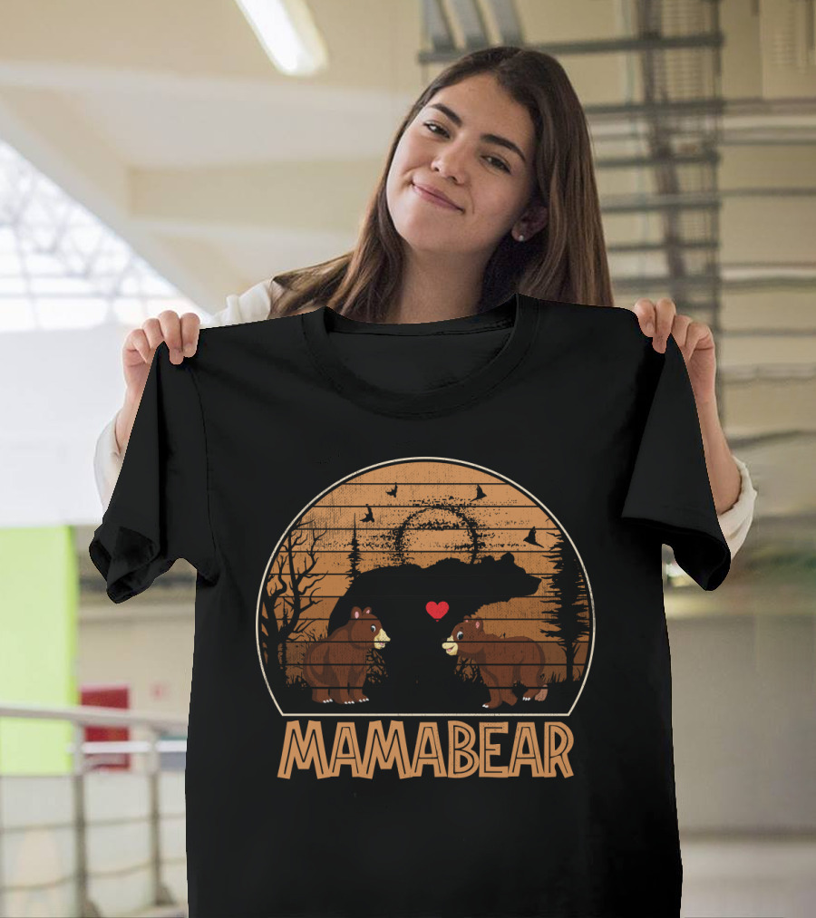 Mama Bear Vintage Sunset With Bears And Heart In Forest Scene T-Shirt