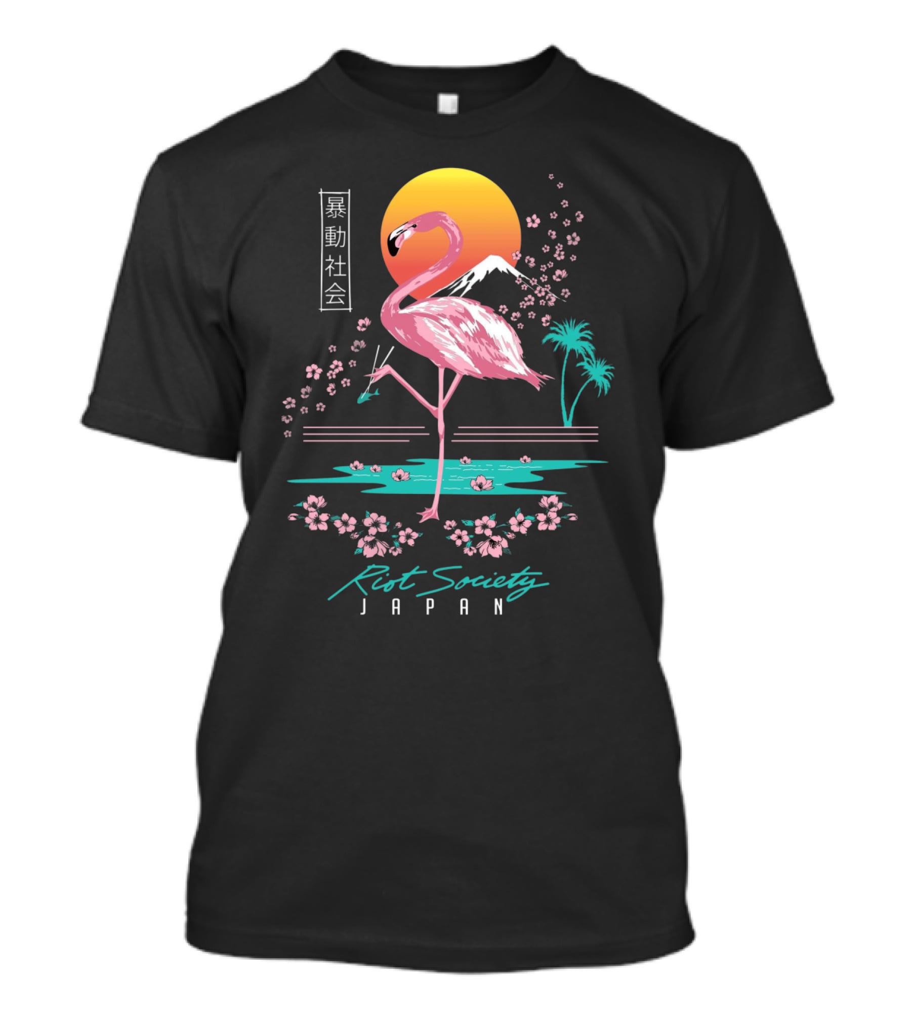 Riot Society Japan Flamingo Blossom Sakura Sunset T-Shirt