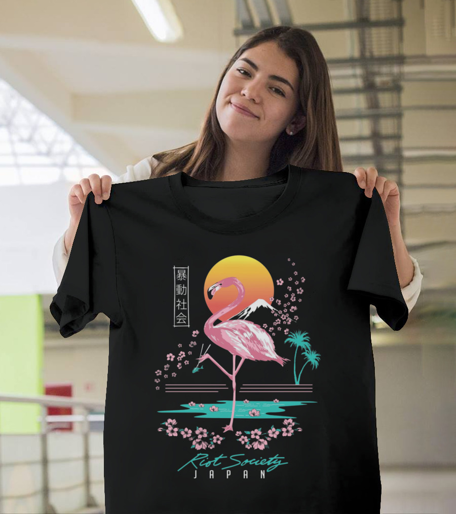 Riot Society Japan Flamingo Blossom Sakura Sunset T-Shirt
