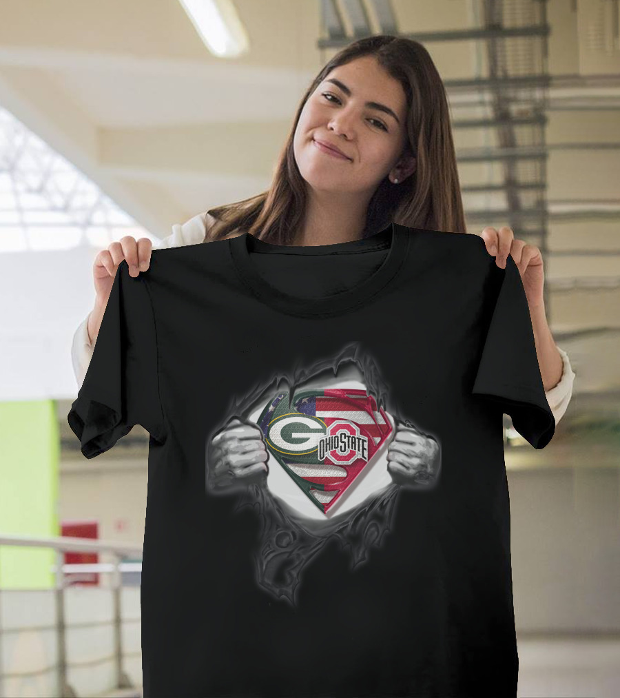 Green Bay Packers Ohio State Buckeyes American Flag Superman T-Shirt
