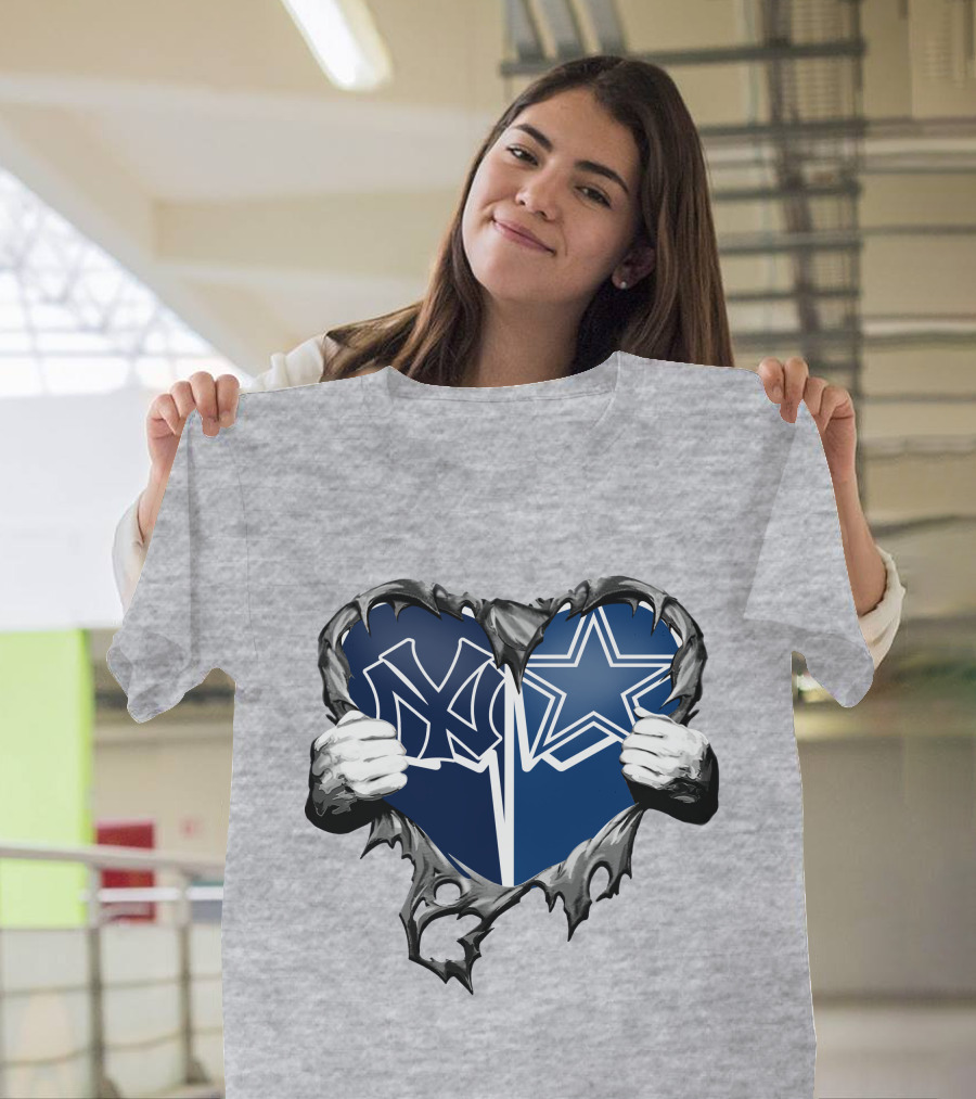 Cowboys And Yankees Heart Emblem With Hands Holding T-Shirt