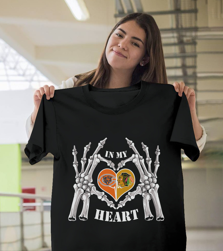 In My Heart Chicago Bears Blackhawks Logos Skeleton Hands T-Shirt