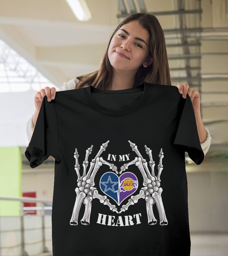 In My Heart Dallas Cowboys Los Angeles Lakers Skeleton Hands Iconic Logos T-Shirt