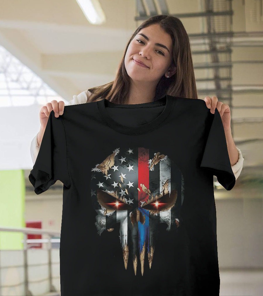 Independence Day Skull With American Flag Blue And Red Stripes T-Shirt