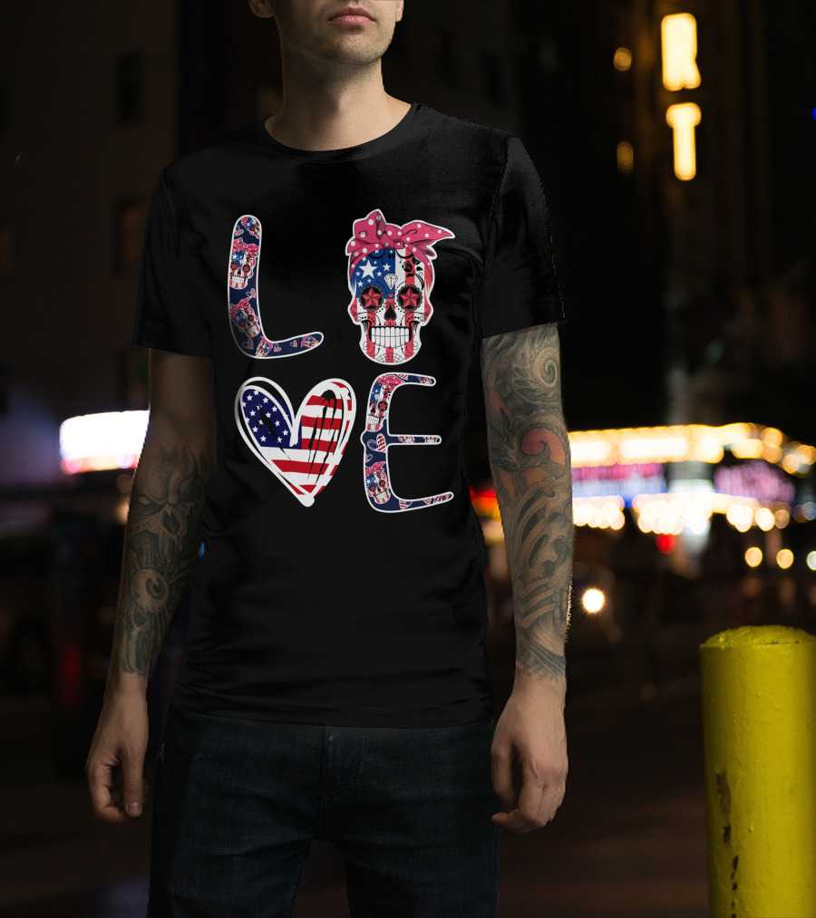 Skull Love American Flag Patriotic Bandana T-Shirt