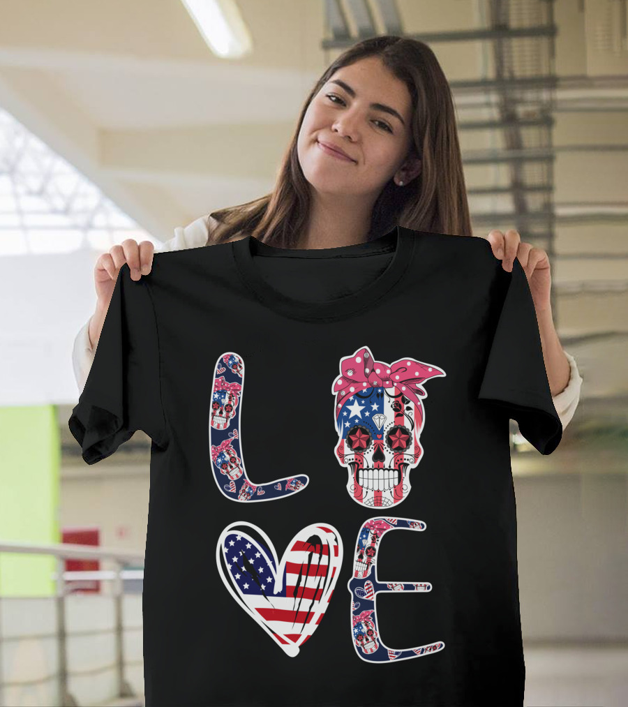 Skull Love American Flag Patriotic Bandana T-Shirt