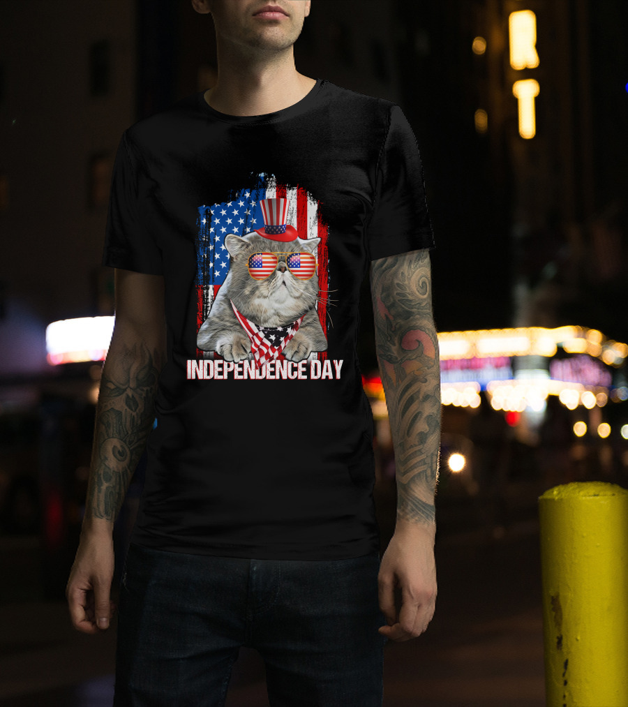 Independence Day Cat With American Flag Glasses And Top Hat T-Shirt