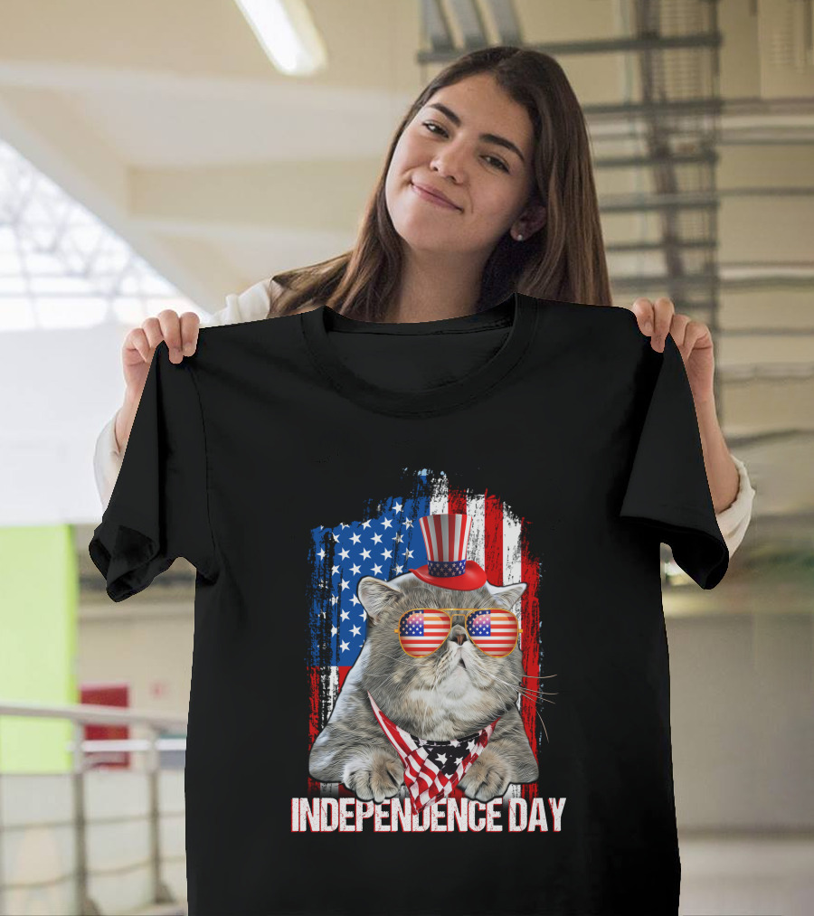 Independence Day Cat With American Flag Glasses And Top Hat T-Shirt
