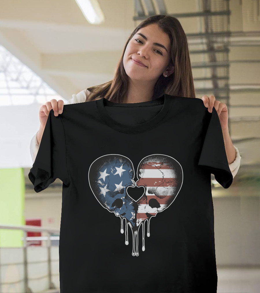 American Skulls Love Heart Stars And Stripes T-Shirt