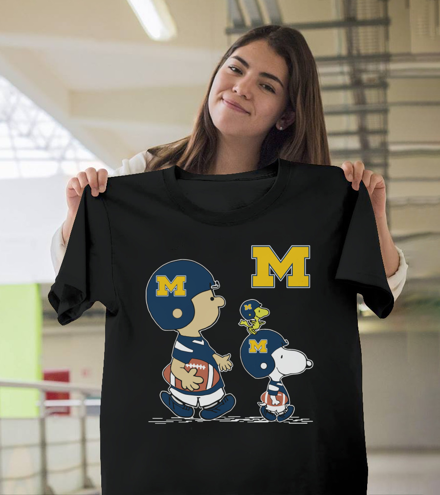 Michigan Wolverines Peanuts Football Characters With Iconic Block M T-Shirt