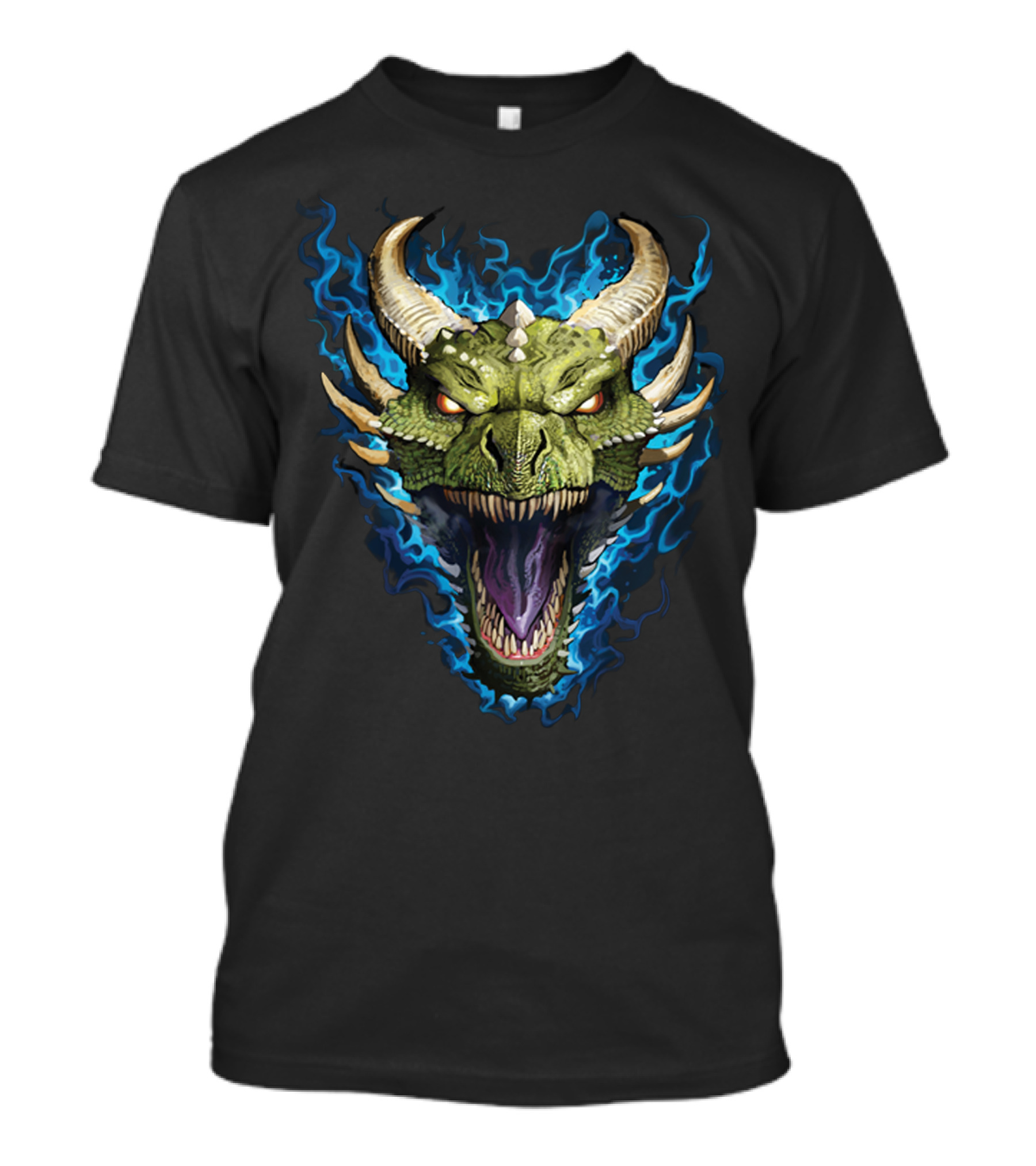 Green Dragon With Blue Flames And Horned Head T-Shirt