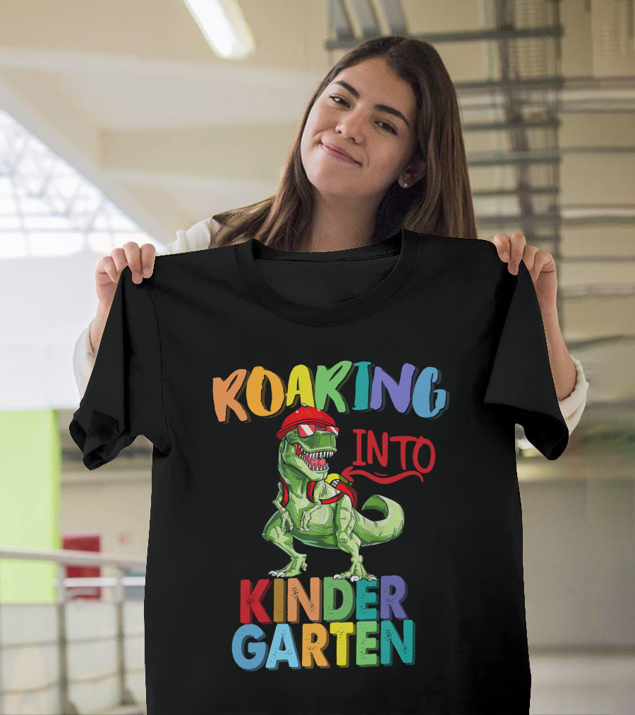 Roaring Into Kinder Garten Dinosaur With Red Cap And Backpack T-Shirt