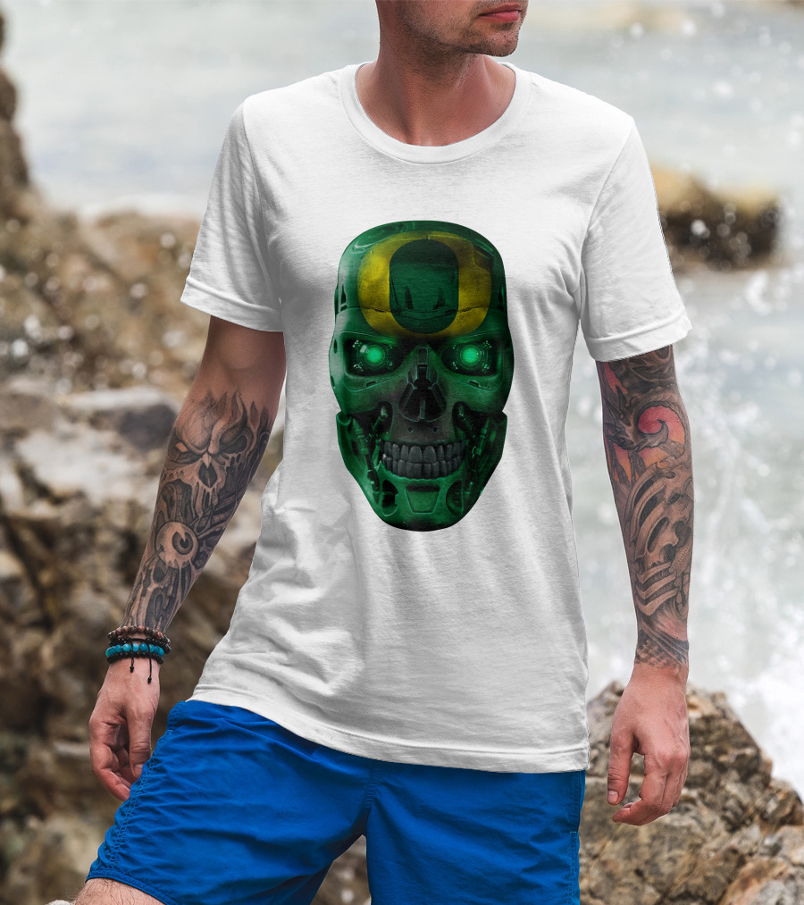 Oregon Ducks Skull Robot Green Neon Eyes T-Shirt