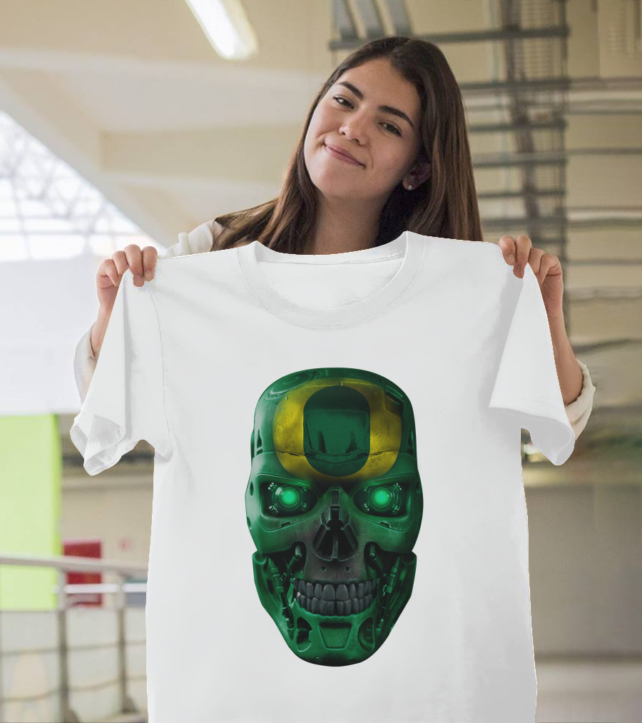 Oregon Ducks Skull Robot Green Neon Eyes T-Shirt