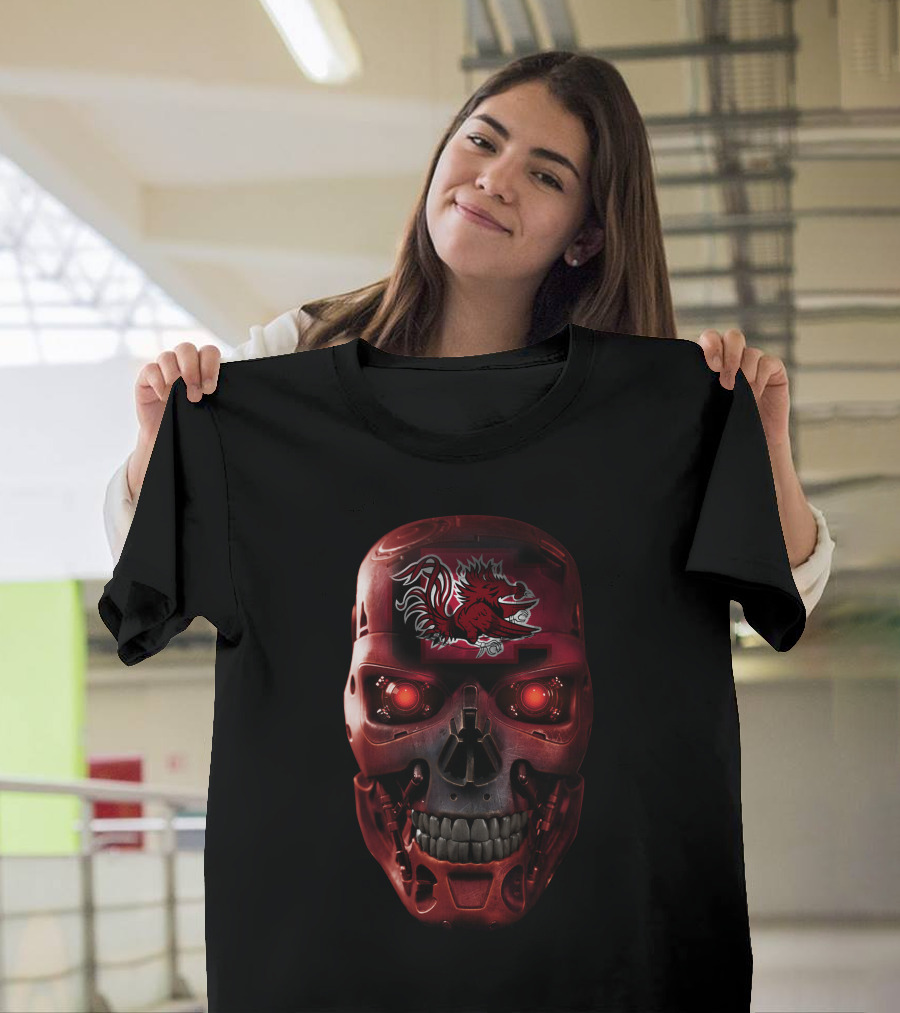 Skull Gamecocks Red Robotic Terminator Face With South Carolina Gamecock T-Shirt