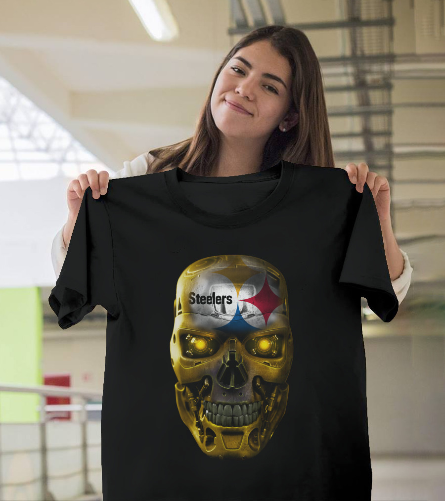 Steelers Skull Cyborg with Logo and Glowing Eyes T-Shirt