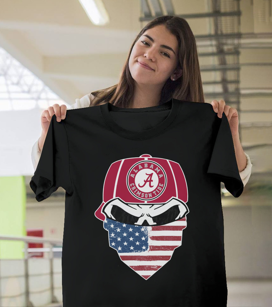 Alabama Crimson Tide Skull American Flag Bandana T-Shirt