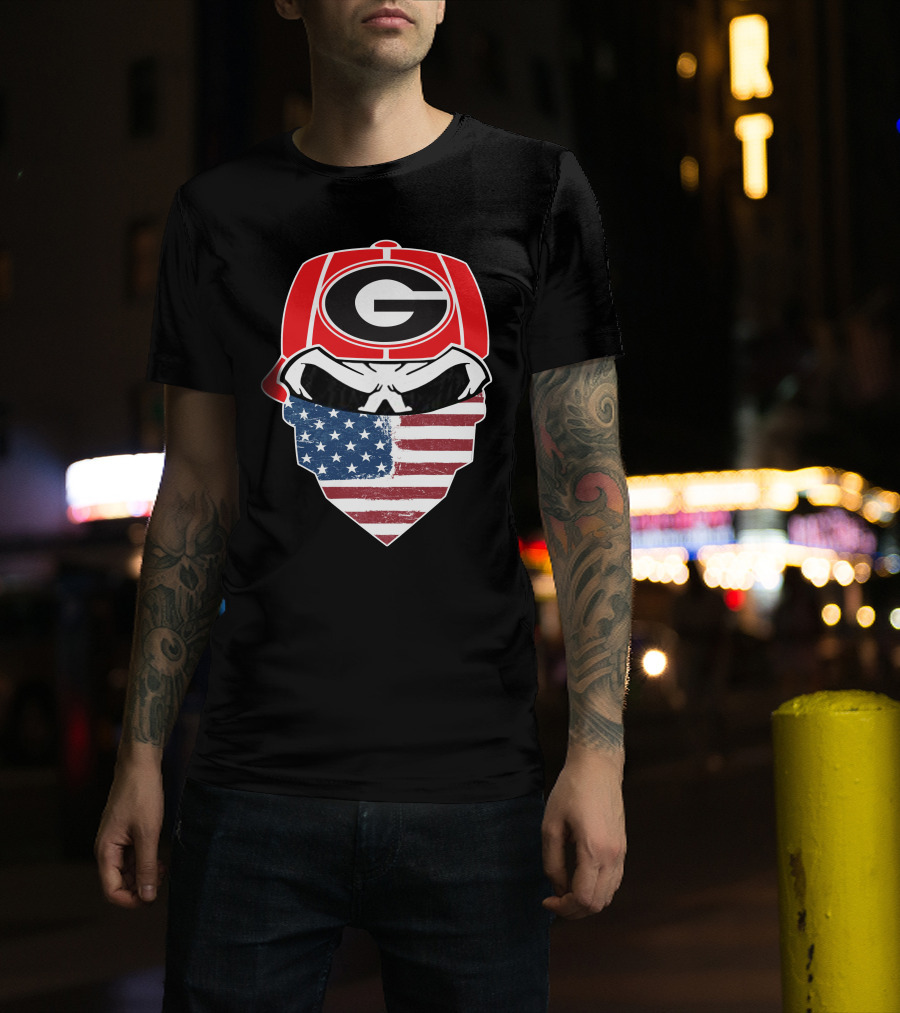 Georgia Bulldogs Skulls American Flag Bandana T-Shirt
