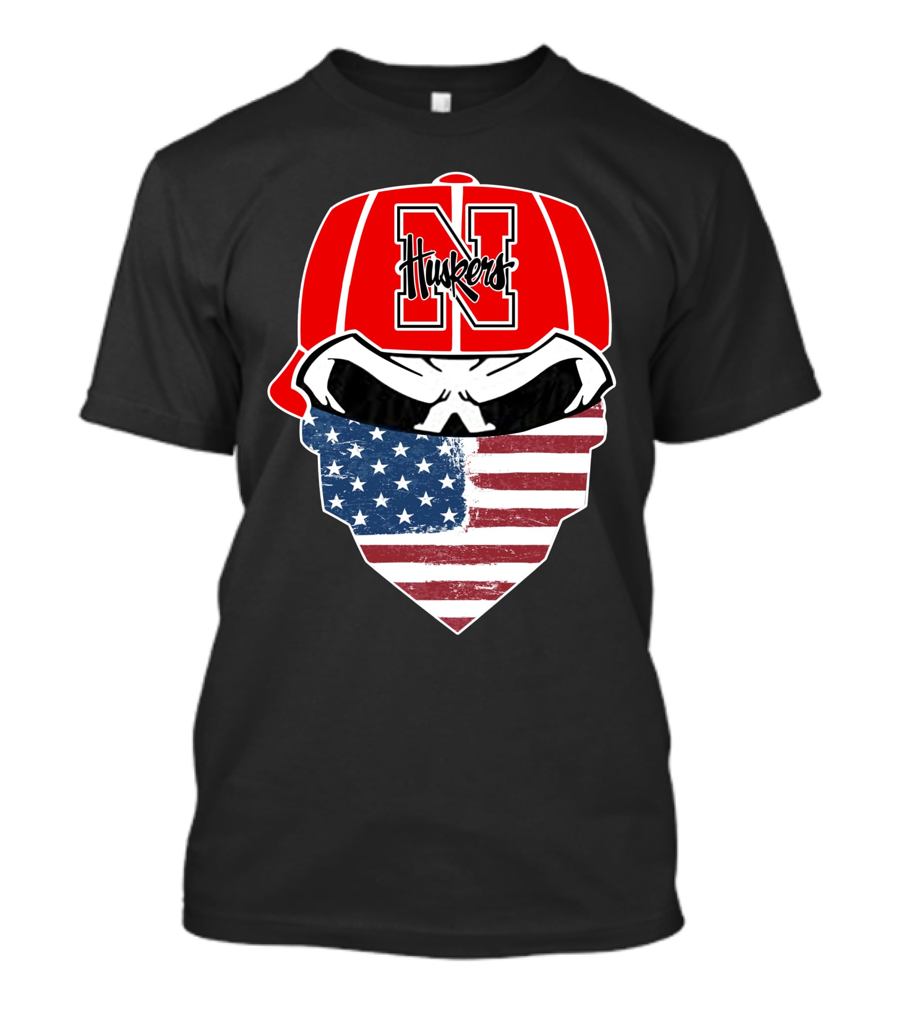 Nebraska Cornhuskers Skuls American Flag Mask N Logo Huskers Hat T-Shirt