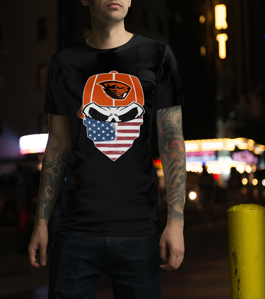Oregon State Beavers Skull American Flag Bandana T-Shirt