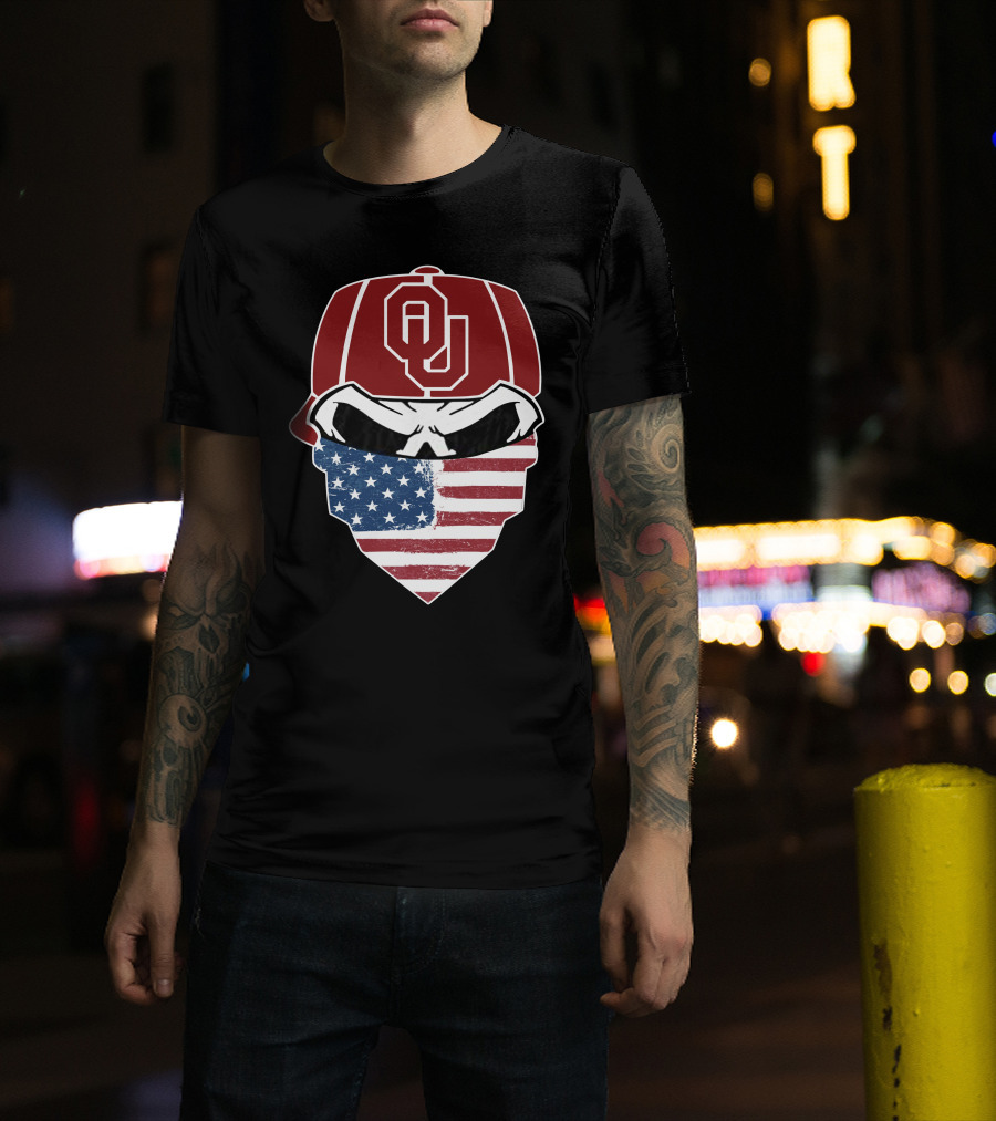 SOONERS Skuls OU American Flag Bandana Skull T-Shirt