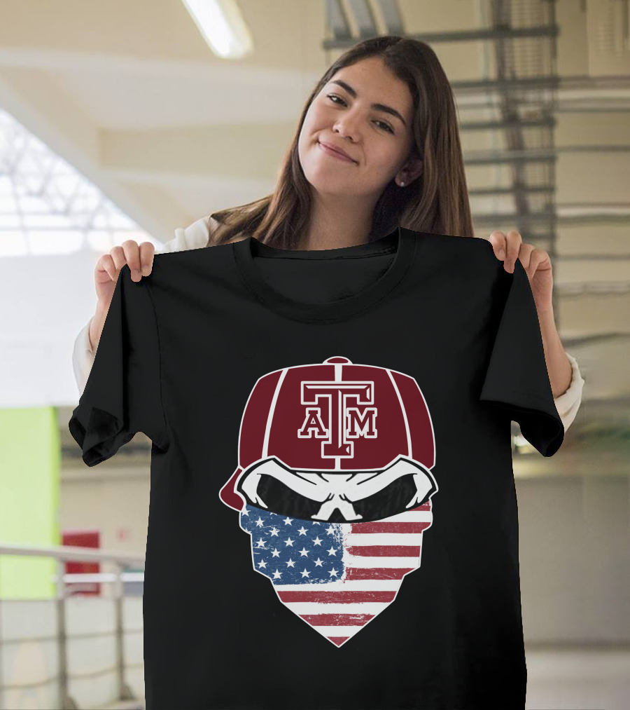 Texas A&M Aggies Skull With American Flag Bandana T-Shirt