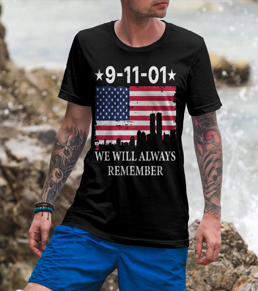 9-11-01 We Will Always Remember Twin Towers American Flag Skyline T-Shirt