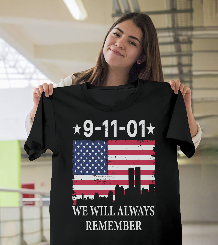9-11-01 We Will Always Remember Twin Towers American Flag Skyline T-Shirt